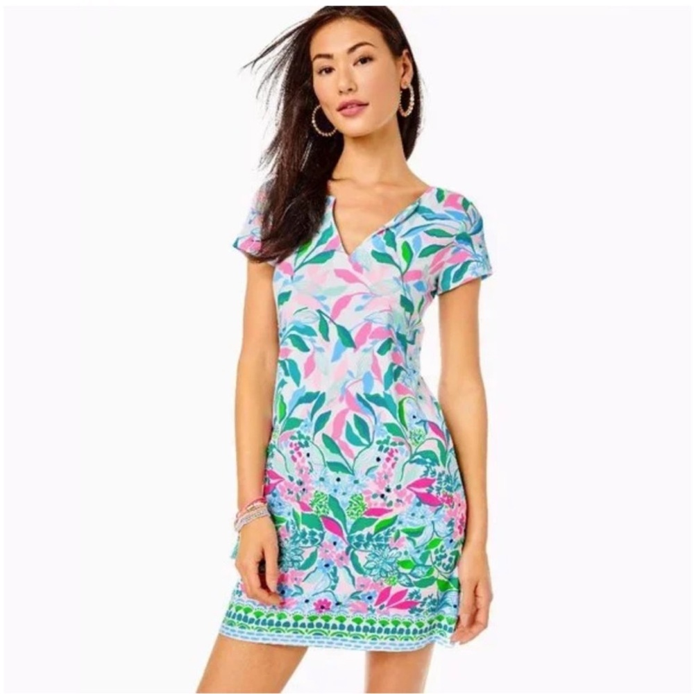 Lilly Pulitzer UPF 50+ Sophiletta Short Sleeve Dress, Water Lilly Green Leaf Me